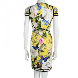 Pre Owned Roberto Cavalli Yellow Printed Cap Sleeve V- Neck Dress M