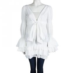 مملوكة مسبقًا تونيك روبرتو كافالي قطن أبيض بكشكشة مزينة  وخياطة مطرزة أكمام واسعة S