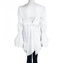 مملوكة مسبقًا تونيك روبرتو كافالي قطن أبيض بكشكشة مزينة  و خياطة مطرزة أكمام واسعة S