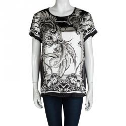 Pre Owned Roberto Cavalli Monochrome Printed Short Sleeve Top M