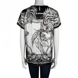Pre Owned Roberto Cavalli Monochrome Printed Short Sleeve Top M