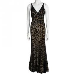 مملوكة مسبقًا فستان ماكسي روبرتو كافالي تريكوت نقشة الفهد طبقة شبكة S