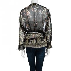 مملوكة مسبقًا بلوزة روبرتو كافالي حرير أسود مورد مطبوع بتداخلات دانتيل أكمام طويلة M