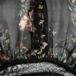 مملوكة مسبقًا بلوزة روبرتو كافالي حرير أسود مورد مطبوع بتداخلات دانتيل أكمام طويلة M