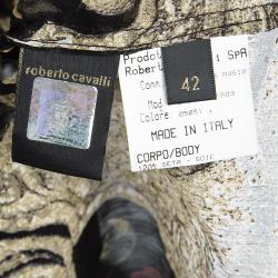 مملوكة مسبقًا بلوزة روبرتو كافالي حرير أسود مورد مطبوع بتداخلات دانتيل أكمام طويلة M