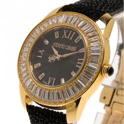 Pre Owned Roberto Cavalli Black Gold-Plated Stainless Steel Crystal Fugit Women's Wristwatch 37MM
