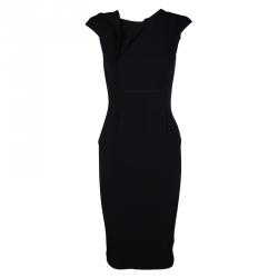 Pre Owned Roland Mouret Black Asymmetric Neck Detail Cap Sleeve Dress S