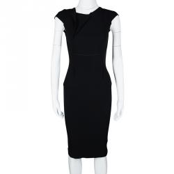Pre Owned Roland Mouret Black Asymmetric Neck Detail Cap Sleeve Dress S