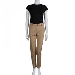 Pre Owned Saint Laurent Sand Brown Slub Cotton Belted Trousers S