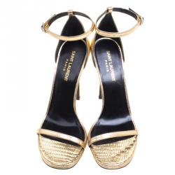 مملوكة مسبقًا Saint Laurent Paris Gold Metallic Lizard Embossed Leather Jane Ankle Strap Sandals Size 38