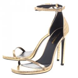 مملوكة مسبقًا Saint Laurent Paris Gold Metallic Lizard Embossed Leather Jane Ankle Strap Sandals Size 38