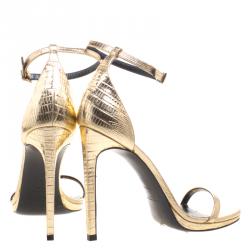 مملوكة مسبقًا Saint Laurent Paris Gold Metallic Lizard Embossed Leather Jane Ankle Strap Sandals Size 38