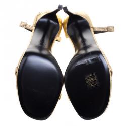مملوكة مسبقًا Saint Laurent Paris Gold Metallic Lizard Embossed Leather Jane Ankle Strap Sandals Size 38