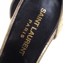 مملوكة مسبقًا Saint Laurent Paris Gold Metallic Lizard Embossed Leather Jane Ankle Strap Sandals Size 38
