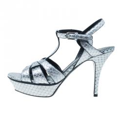 مملوكة مسبقًا صندل سان لوران باريس تريبوت ستامبد جلد ثعبان فضي مقاس 39