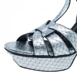 مملوكة مسبقًا صندل سان لوران باريس تريبوت ستامبد جلد ثعبان فضي مقاس 39