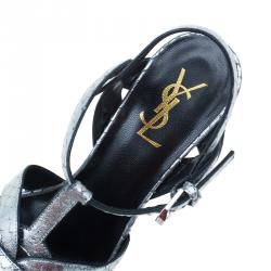 مملوكة مسبقًا صندل سان لوران باريس تريبوت ستامبد جلد ثعبان فضي مقاس 39