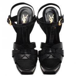 Pre Owned Saint Laurent Paris Black Lizard Embossed Leather Tribute Platform Sandals Size 36