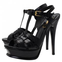 Pre Owned Saint Laurent Paris Black Lizard Embossed Leather Tribute Platform Sandals Size 36