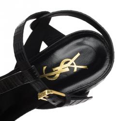 Pre Owned Saint Laurent Paris Black Lizard Embossed Leather Tribute Platform Sandals Size 36