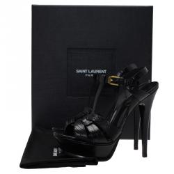 Pre Owned Saint Laurent Paris Black Lizard Embossed Leather Tribute Platform Sandals Size 36
