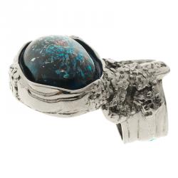 Pre Owned خاتم سان لوران باريس ارتي كابوشون فضي اللون وزجاج أزرق مقاس 49