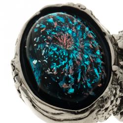 Pre Owned خاتم سان لوران باريس ارتي كابوشون فضي اللون وزجاج أزرق مقاس 49