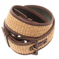 مملوكة مسبقًا حزام سان لوران باريس قابل للضبط رافيه وجلد بني 85 سم