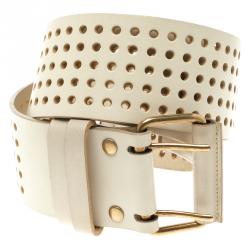 Pre Owned Saint Laurent Paris Ivory Perforated Leather Wait Belt 95 CM
