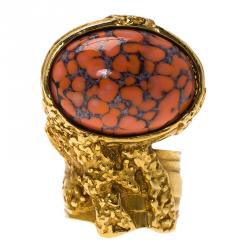Pre Owned Saint Laurent Paris Arty Coral Glass Cabochon Gold Tone Ring Size 57