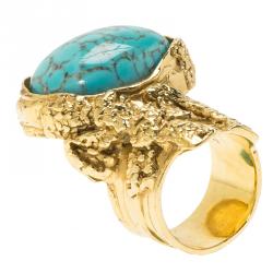 Pre Owned Saint Laurent Paris Arty Turquoise Glass Cabochon Gold Tone Ring Size 54.5