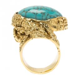 Pre Owned Saint Laurent Paris Arty Turquoise Glass Cabochon Gold Tone Ring Size 54.5