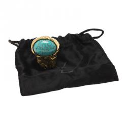 Pre Owned Saint Laurent Paris Arty Turquoise Glass Cabochon Gold Tone Ring Size 54.5
