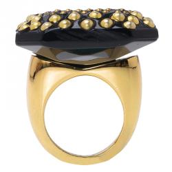 مملوكة مسبقًا Saint Laurent Paris Black Resin & Gold Tone Studs Emerald-Cut Ring Size 52