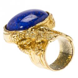 Pre Owned Saint Laurent Paris Arty Blue Lapis Glass Cabochon Gold Tone Ring Size 52