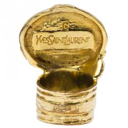 Pre Owned Saint Laurent Paris Arty Blue Lapis Glass Cabochon Gold Tone Ring Size 52