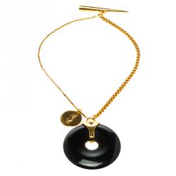 Pre Owned Saint Laurent Paris Black Resin Charm Rose Gold Tone Bracelet 19cm