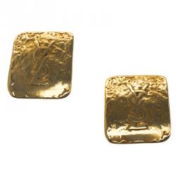 Pre Owned Saint Laurent Paris Logo Square Textured Gold Tone Clip-on Earrings