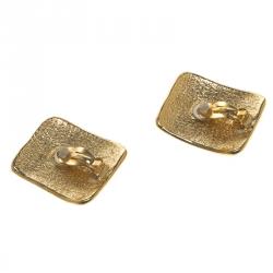 Pre Owned Saint Laurent Paris Logo Square Textured Gold Tone Clip-on Earrings