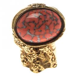 Pre Owned خاتم سان لوران باريس أرتي لون ذهبي كابوشون زجاج وردي محمر مقاس 54.5