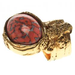 Pre Owned خاتم سان لوران باريس أرتي لون ذهبي كابوشون زجاج وردي محمر مقاس 54.5