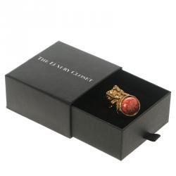 Pre Owned خاتم سان لوران باريس أرتي لون ذهبي كابوشون زجاج وردي محمر مقاس 54.5