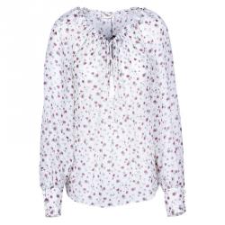 Saint Laurent Paris White Rose Print Silk Blouse M