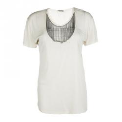 مملوكة مسبقًا توب سان لوران باريس حرير جيرسيه كريمي بسلسلة مزخرفة M