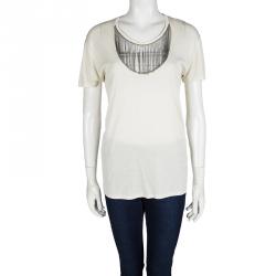 مملوكة مسبقًا توب سان لوران باريس حرير جيرسيه كريمي بسلسلة مزخرفة M