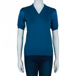 مملوكة مسبقًا Saint Laurent Paris Turquoise Wool and Silk Short Sleeve Sweater S