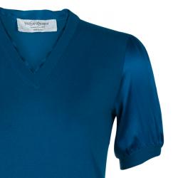 مملوكة مسبقًا Saint Laurent Paris Turquoise Wool and Silk Short Sleeve Sweater S