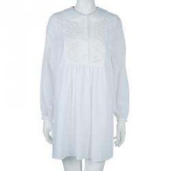 Saint Laurent Paris White Embroidered Yoke Detail Long Sleeve Cotton Dress M
