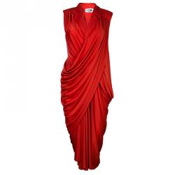 مملوكة مسبقًا Saint Laurent Paris Red Lapel Detail Draped Sleeveless Dress S