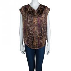 Saint Laurent Multicolor Reptile Printed Silk Cowl Neck Sleeveless Top M